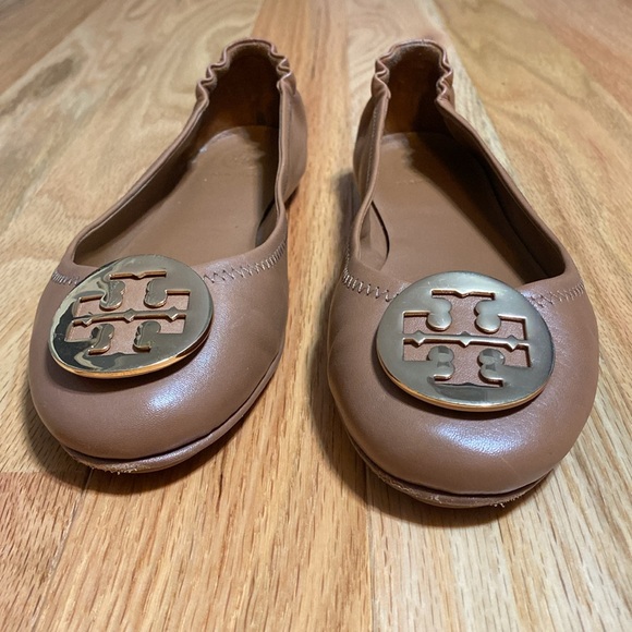 EUC Tory Burch Minnie Travel Ballet Flats - Royal Tan and Gold - Size 7.5 - Picture 2 of 11